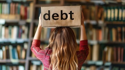 A woman stands in a library, balancing a box labeled "debt" on her head, highlighting the burden of financial challenges even in places of knowledge.