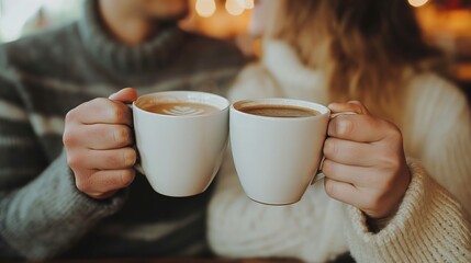 In the heartwarming glow of a cozy café, a couple clinks their steaming coffee mugs, savoring the warmth of companionship and aromatic brews.