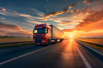 A red semi-truck drives on a highway at sunset