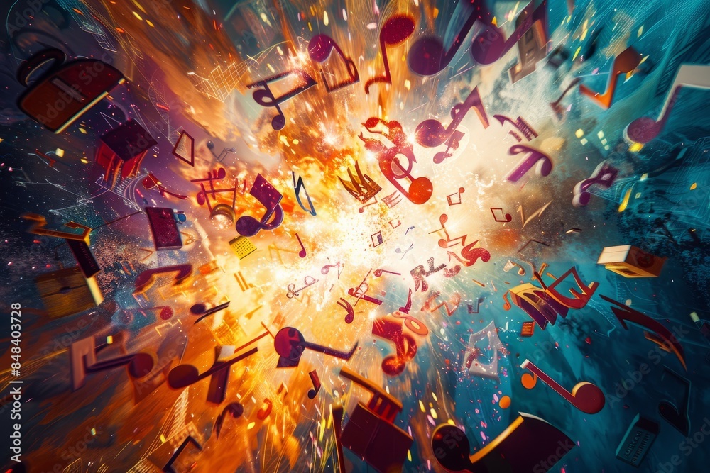 Poster an overhead photo of an abstract background with music notes exploding outwards in a colorful explos