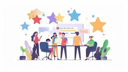 Naklejka premium Flat design feedback session with rating stars and comments, isolated on white background, constructive and interactive, highquality graphics, copy space