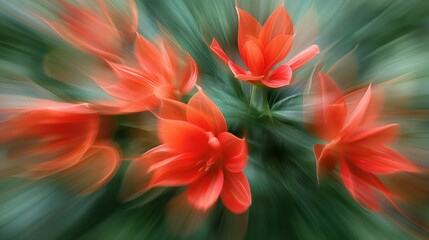 Vibrant red flowers swirl in a whirlwind of dynamic energy, creating a mesmerizing dance of color and movement.