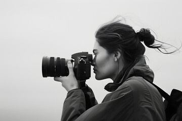 Woman with hair in bun focuses camera off-screen