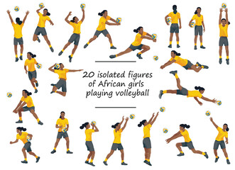 Set of African women's volleyball girls team players in yellow T-shirts in various poses training, running, jumping, throwing, hitting the ball