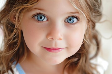 Naklejka premium Young girl with blue eyes and blonde hair, close up portrait, curious and innocent look, bright background, natural lighting, fine details, modern photography, soft and delicate expression