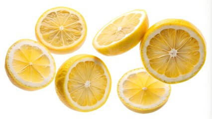 Fototapeta premium floating slices of lemon isolated on white background podium, yellow, round, pastel, leaves, side, mock up, presentation, display, platform, background, minimalist, modern, decor, showcase, product, 