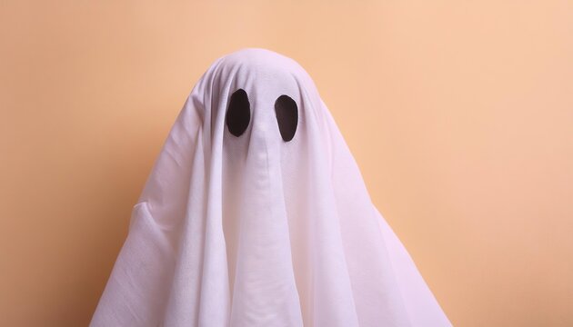White ghost on pastel background. Minimal Halloween scary concept