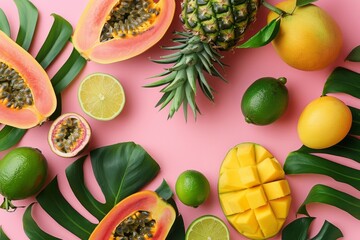 Exotic tropical fruits background flat lay