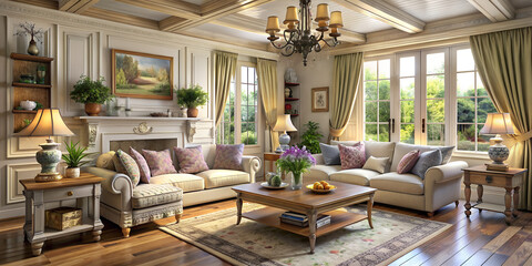 Living room interior design in Provence style. A bright, cosy and very welcoming space.