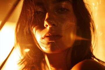 Intimate portrait of a woman in warm sunlight. Generative AI image