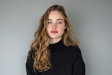 Obraz premium Young woman with wavy blonde hair, wearing a black turtleneck, studio setting, elegant and confident, portrait photography, natural beauty, stylish and modern, serene expression