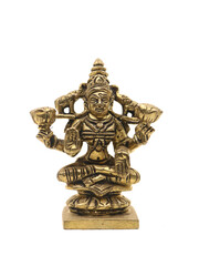 clean brass statue of goddess laxmi with multiple hands, used for worship since ancient  times hindu religion isolated in a white background