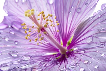 Obraz premium Macro shot of a purple flower with water droplets, vibrant and colorful, natural beauty, delicate petals, outdoor setting, close up photography, striking and captivating, fresh and lively