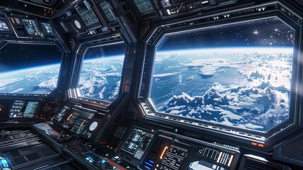 Futuristic space station interior with a clear view of the Earth and stars from a large window - 3