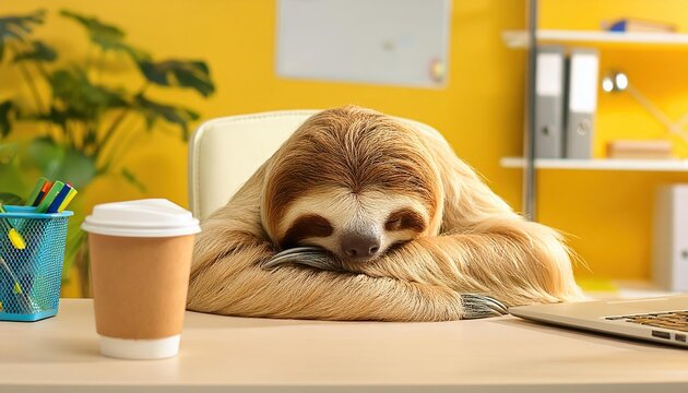 tired sloth sleeping at the table in the office. fatigue, laziness and slowness at work