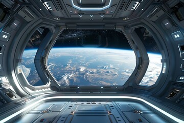 Futuristic space station interior with a clear view of the Earth and stars from a large window - 12