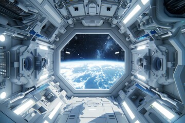 Futuristic space station interior with a clear view of the Earth and stars from a large window - 14