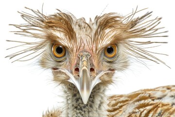 Fototapeta premium Quirky close up of a scruffy bird with wet and messy feathers, showing a humorous and charming character against a plain background, highlighting the bird s playful and endearing nature
