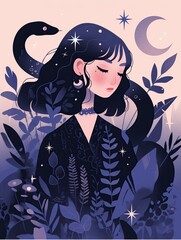 Cute black snake with silver moons, and a girl, flat illustration