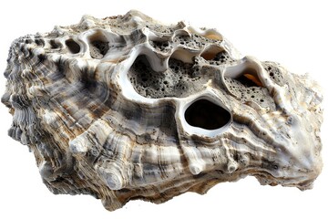 Close-up of a large, textured seashell with natural holes and ridges, showcasing its intricate patterns and earthy colors, white background