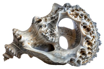 Close-up of a textured seashell with intricate details and holes, showcasing natural beauty and ocean relics for coastal decor and marine themes, white background