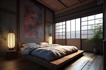 Cozy interior of bedroom in modern house in Japanese style.