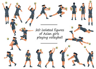 Figures of Asian girls playing volleyball in black T-shirts training, running, jumping, throwing, hitting the ball