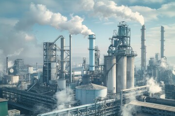 Obraz premium Gloomy industrial landscape with buildings and smoke.