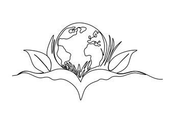 Planet Earth with grass and leaves, one line drawing vector illustration.