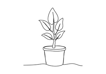 Plant in a pot, one line drawing vector illustration.
