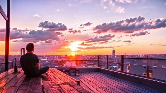 A person sits on a bench, gazing out at a colorful sunset from a rooftop terrace, Admiring a colorful sunset from a rooftop terrace