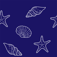 Under the Sea Hand drawn Seamless Pattern with Starfish and Seashells on dark blue background. Vector illustration, line art isolated on white background. For fabric, wallpaper and marine beach design
