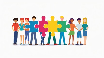 Flat design concept of team collaboration with diverse group, isolated on white background, vibrant and dynamic, highquality visuals, copy space