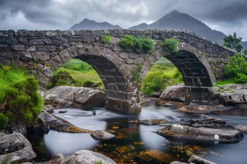 Beautiful stone bridge at Sligachan on Skye island in Scotland, with its two arches