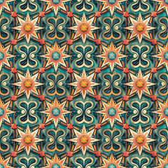  Geometric star pattern in blue, orange, and green tones, with intricate details.
