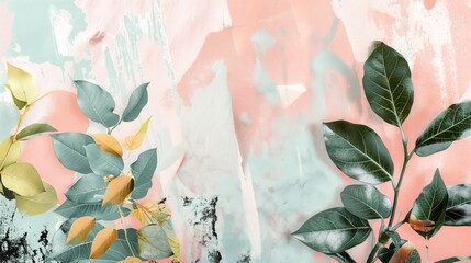 Abstract arrangement leaves green yellow hues pastel pink teal painted background