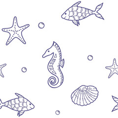 Under the Sea Hand drawn Seamless Pattern with Starfish, Seashells and Fishes, Seahorse. Vector illustration, blue line art isolated on white background. For fabric, wallpaper and marine beach design.