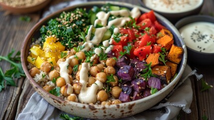 Vibrant Mediterranean Diet Grain Bowl with Quinoa, Roasted Vegetables, Chickpeas, and Lemon Tahini Dressing