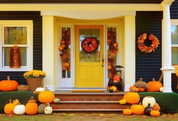 Obraz premium A front porch decorated for autumn with pumpkins, lanterns, and a figure of a house and key.