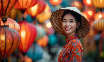 A woman against the background of many Chinese lanterns in the sky. Young woman looking at a red...