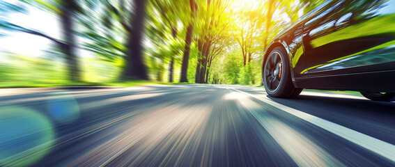 Car driving on a forest road. Motion blur of a car driving through a lush green forest, focusing on the wheel and the road