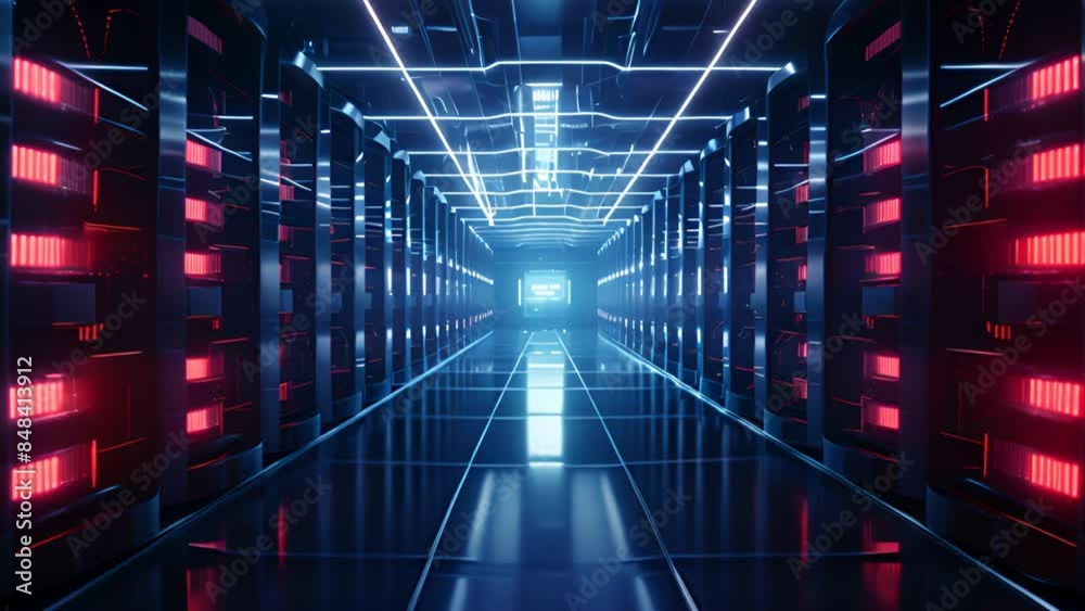 Poster A bustling data center filled with rows upon rows of servers, their lights blinking in a mesmerizing rhythm.