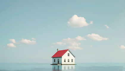 Wide vista of tiny white house with red roof in center of screen