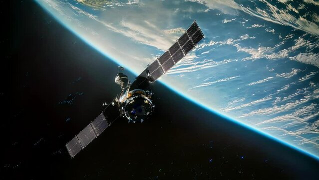A satellite is currently moving around the Earth within the expanse of outer space