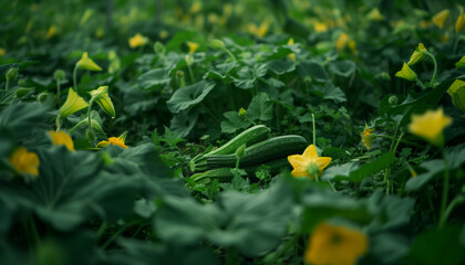 Fototapeta premium Close-up of fresh zucchinis surrounded by lush green foliage and yellow flowers, showcasing a thriving vegetable garden. 