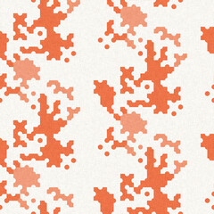 Faded peach fuzz glitch geo washed effect seamless pattern. Orange dye grungy blotched distress abstract background texture repeat. 