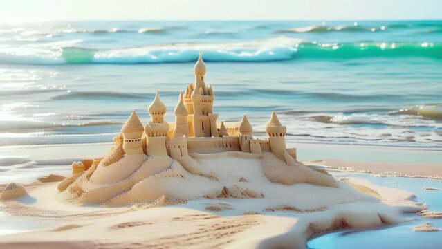 Sand castle washed by the sea wave