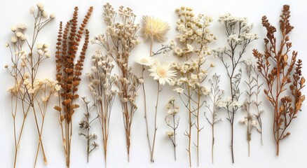 Naklejka premium Dried Flowers and Grasses on a White Background