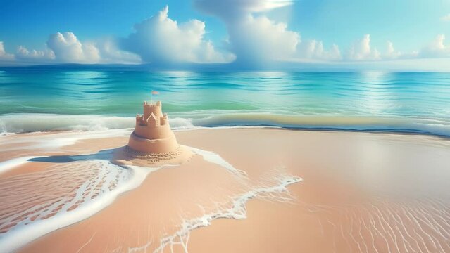 Sand castle washed by the sea wave