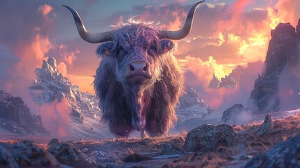 A digital painting depicting a highland cow running through a colorful, dramatic landscape at sunset